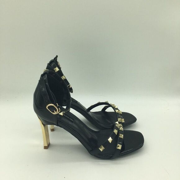 Black Women Ankle Strap Rivets Sandals Open Toe Mid Heels Pumps - Picture 3 of 10
